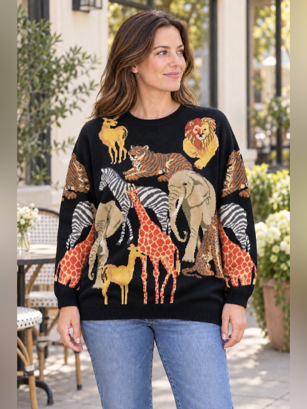 Vintage 90s Animal cotton sweater Womens Medium Safari Jungle African Animals